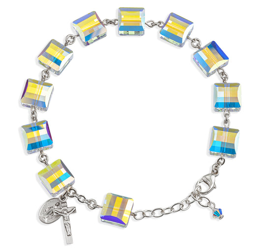 Sterling Silver Rosary Bracelet Created with 1mm Aurora Borealis Finest Austrian Crystal Square Beads by HMH