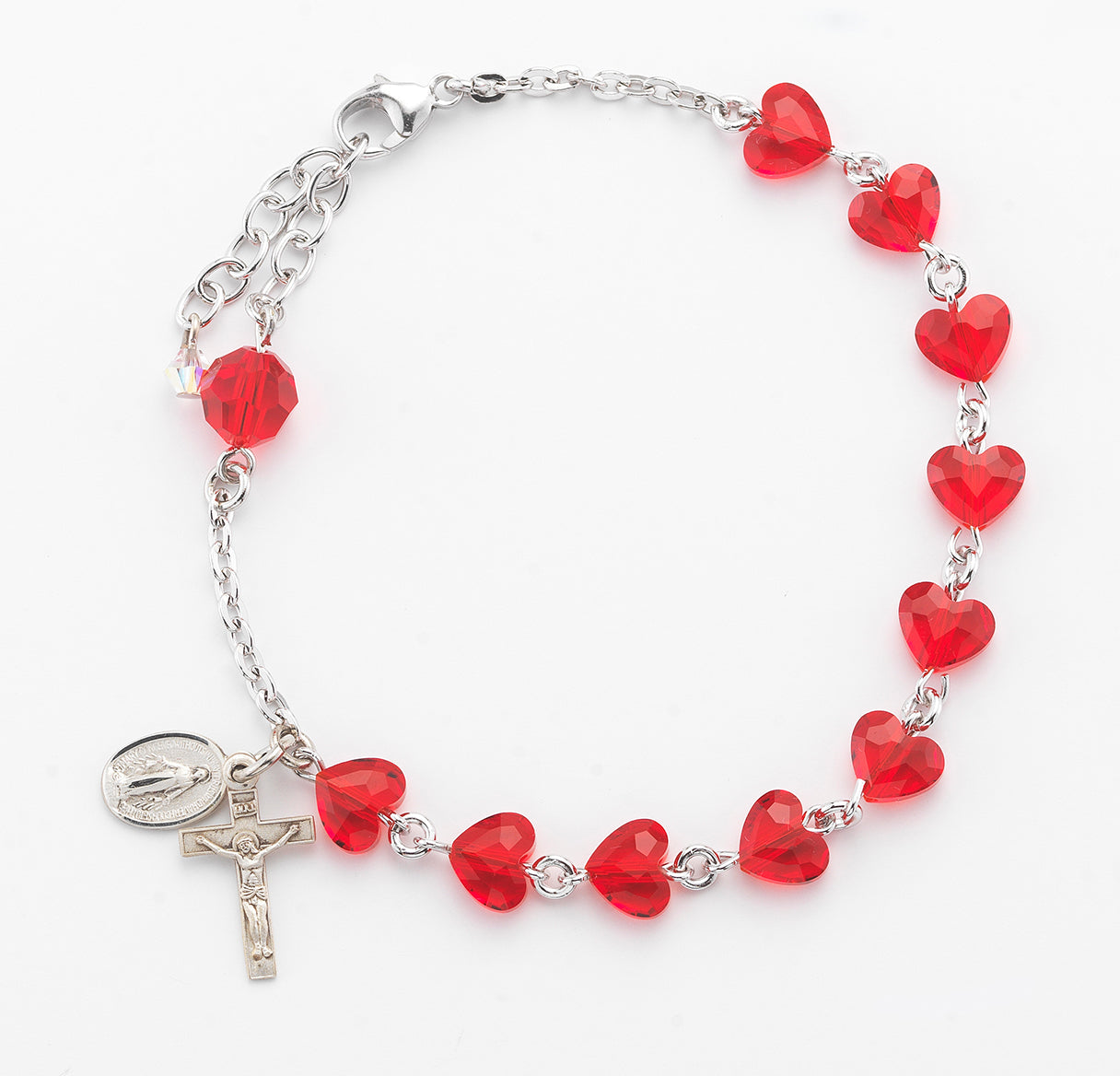 Sterling Silver Rosary Bracelet Created with 8mm Red Finest Austrian Crystal Heart Shape Beads by HMH