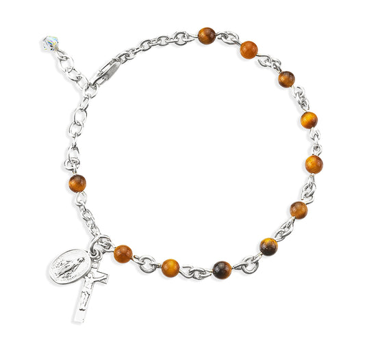 Genuine Round Tiger Eye Sterling Silver Rosary Bracelet