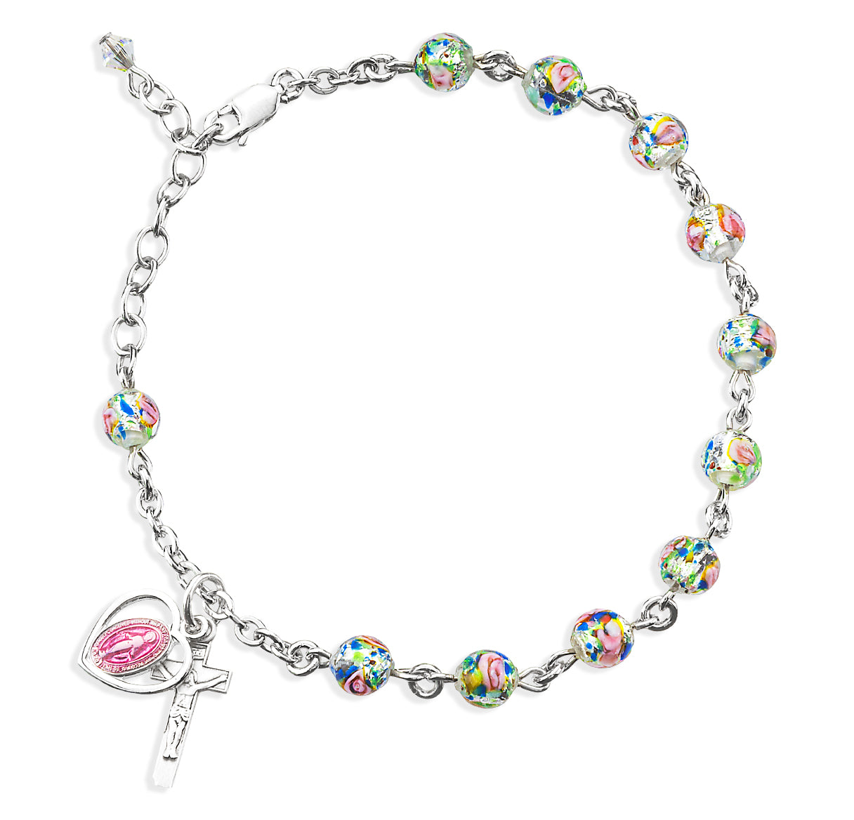 Rose Embedded Round Murano Glass Sterling Silver Rosary Bracelet