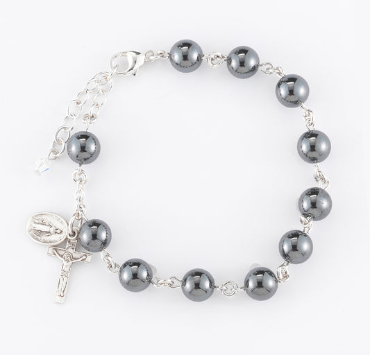 Genuine Hematite Round Sterling Silver Rosary Bracelet 8mm