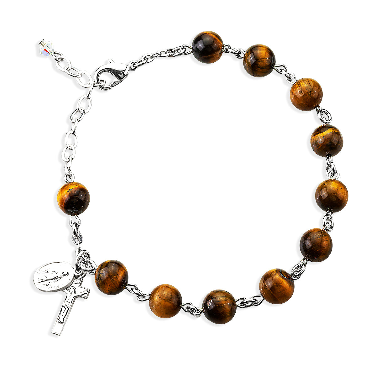 Genuine Tiger Eye Round Sterling Silver Rosary Bracelet