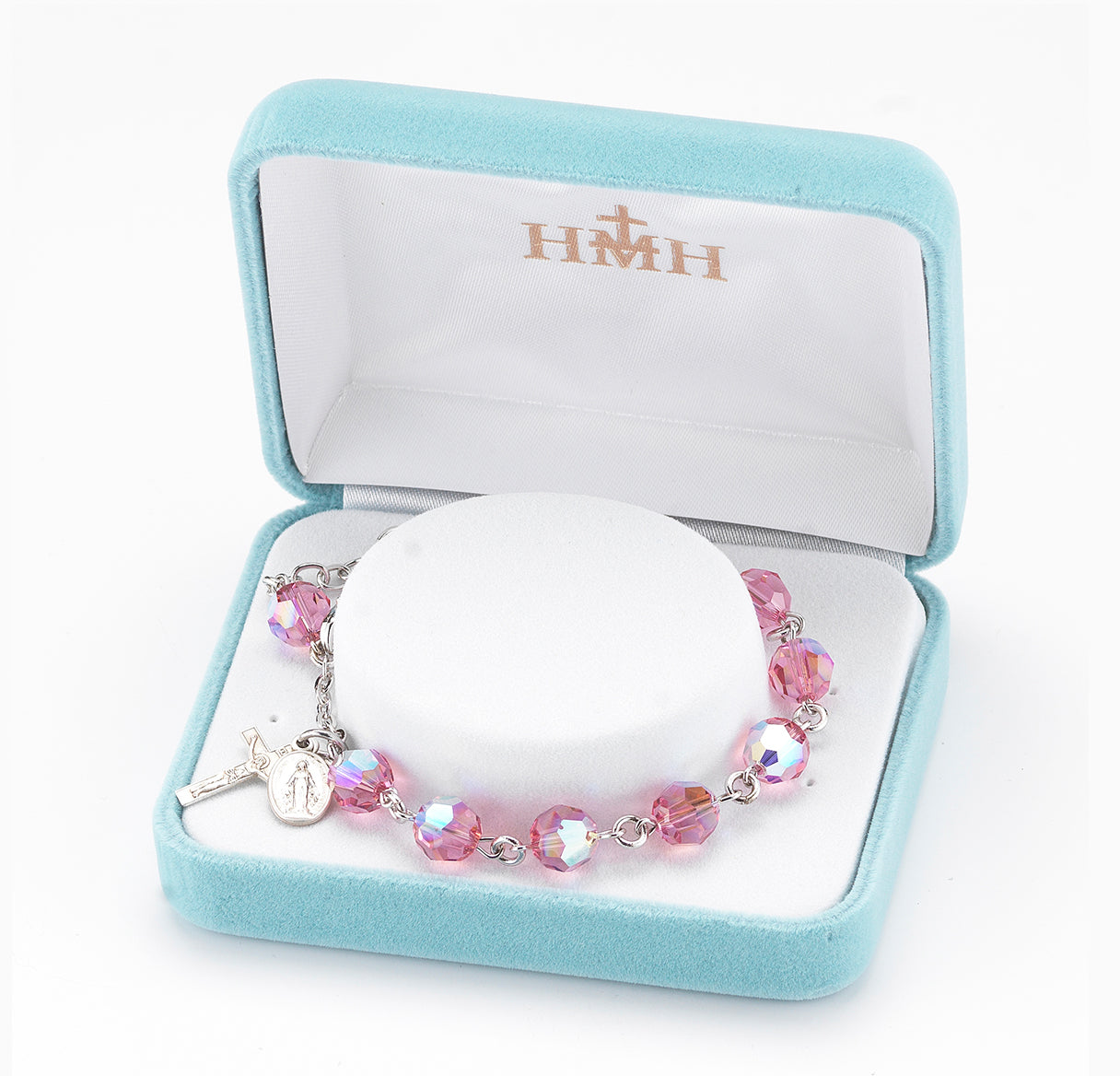 Sterling Silver Rosary Bracelet Created with 8mm Pink Finest Austrian Crystal Round Beads by HMH