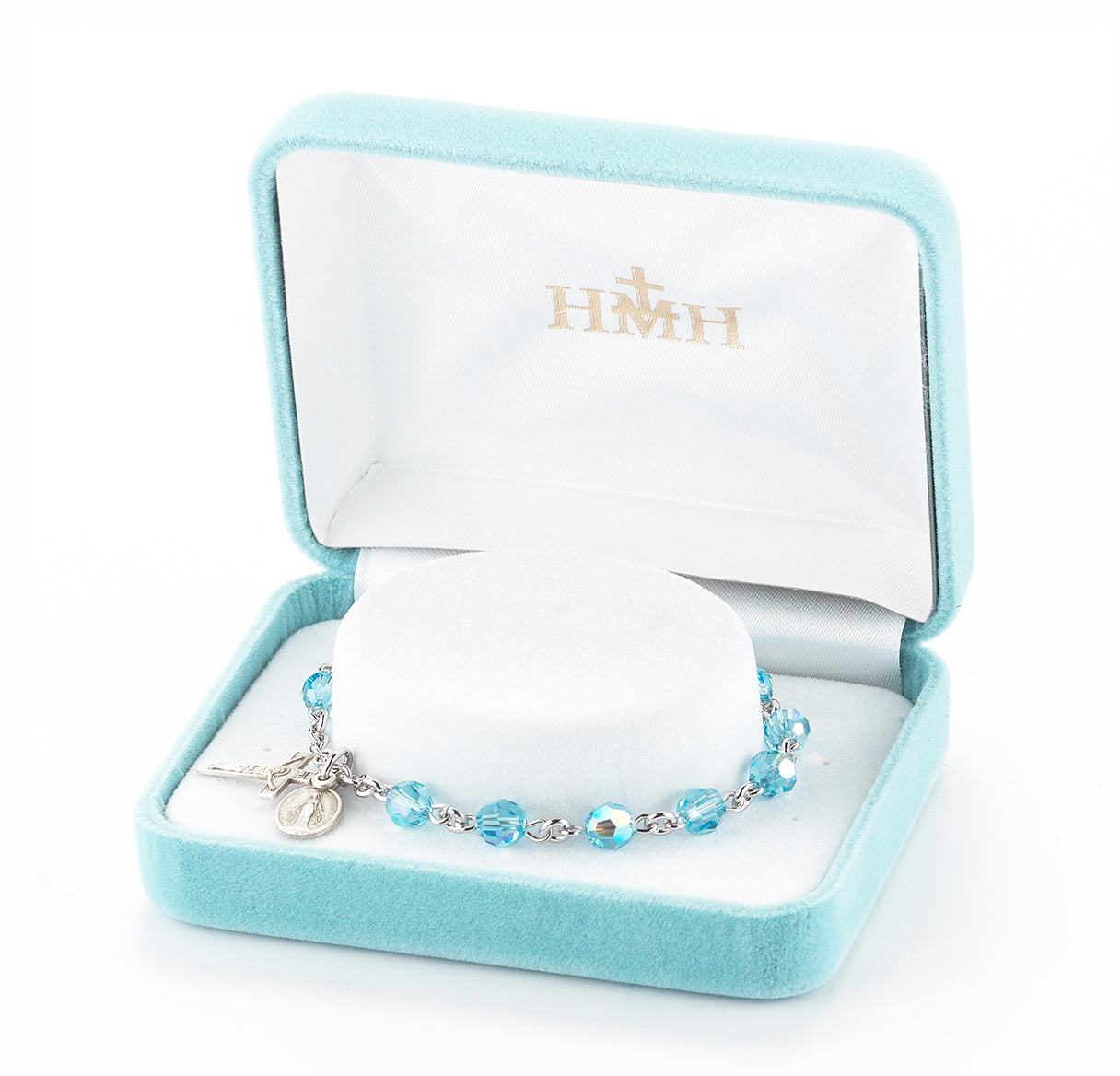 Sterling Silver Rosary Bracelet Created with 6mm Aqua Finest Austrian Crystal Round Beads by HMH