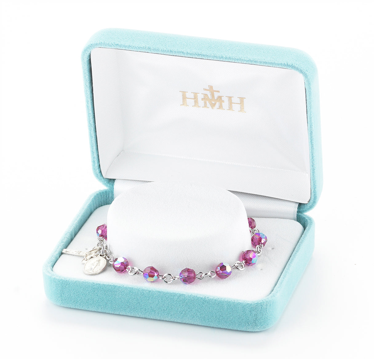 Sterling Silver Rosary Bracelet Created with 6mm Fuchsia Finest Austrian Crystal Round Beads by HMH