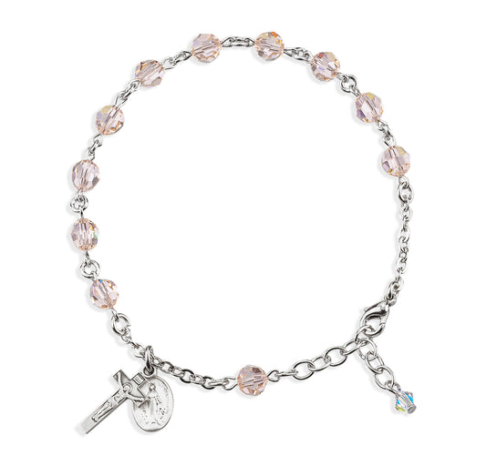 Sterling Silver Rosary Bracelet Created with 6mm Coral Finest Austrian Crystal Round Beads by HMH