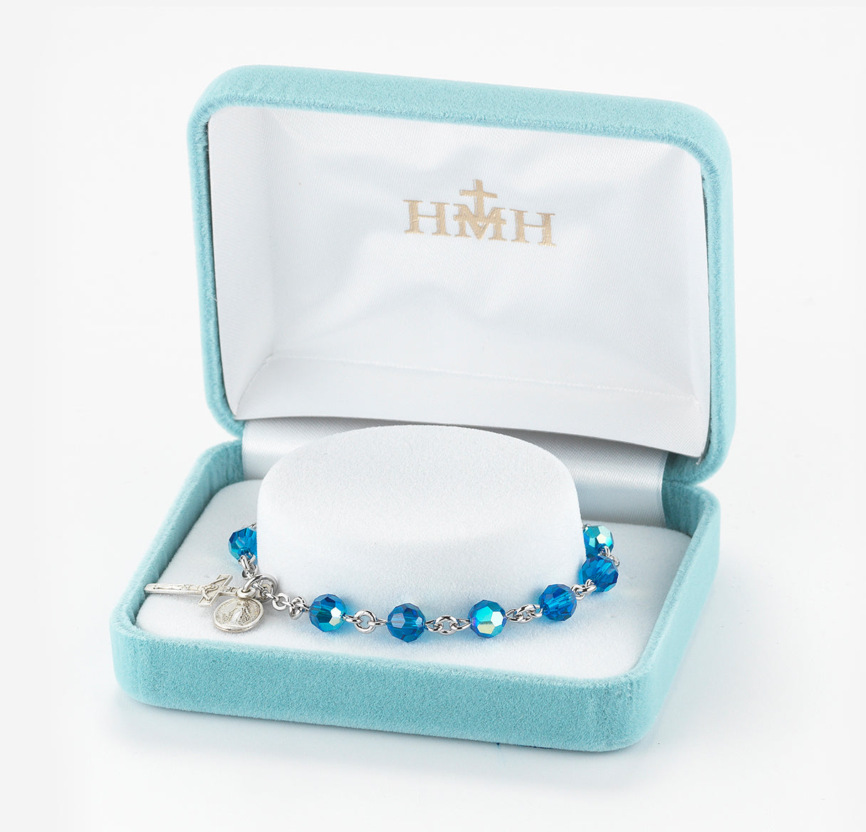 Sterling Silver Rosary Bracelet Created with 6mm Sapphire Finest Austrian Crystal Round Beads by HMH