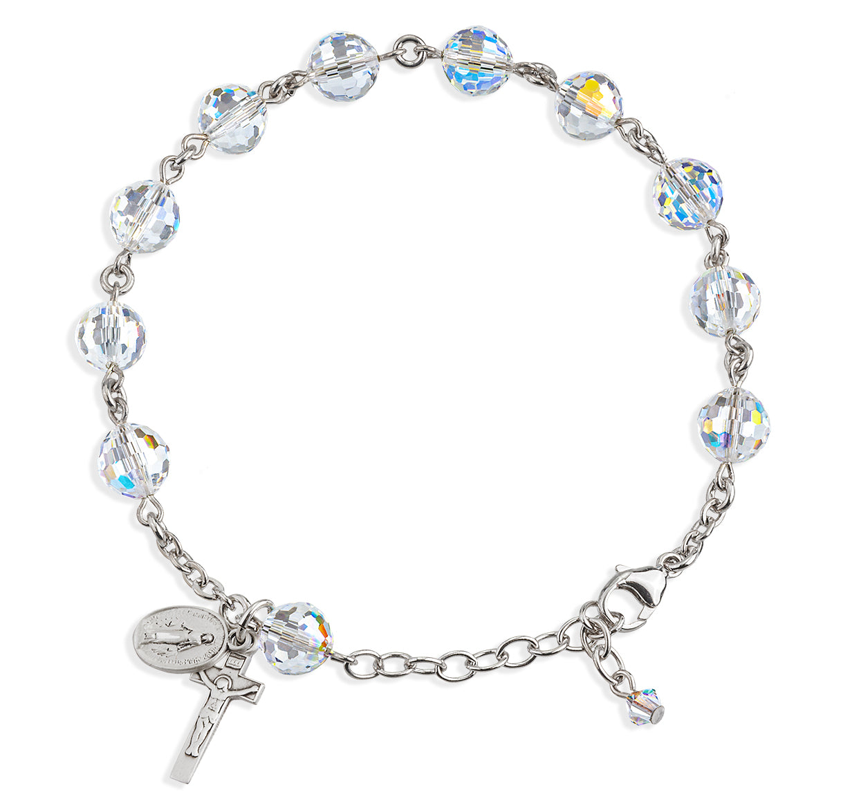 Sterling Silver Rosary Bracelet Created with 6mm Aurora Borealis Finest Austrian Crystal Semi-Flat Beads by HMH