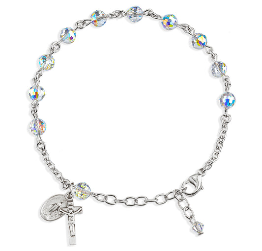 Sterling Silver Rosary Bracelet Created with 8mm Aurora Borealis Finest Austrian Crystal Multi-Faceted Beads by HMH