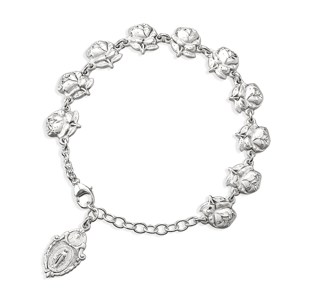 Rose Bud Beads with Saint Images Sterling Silver Bracelet