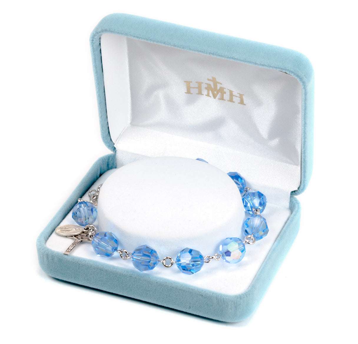 Sterling Silver Rosary Bracelet Created with 1mm Light Sapphire Finest Austrian Crystal Round Beads by HMH