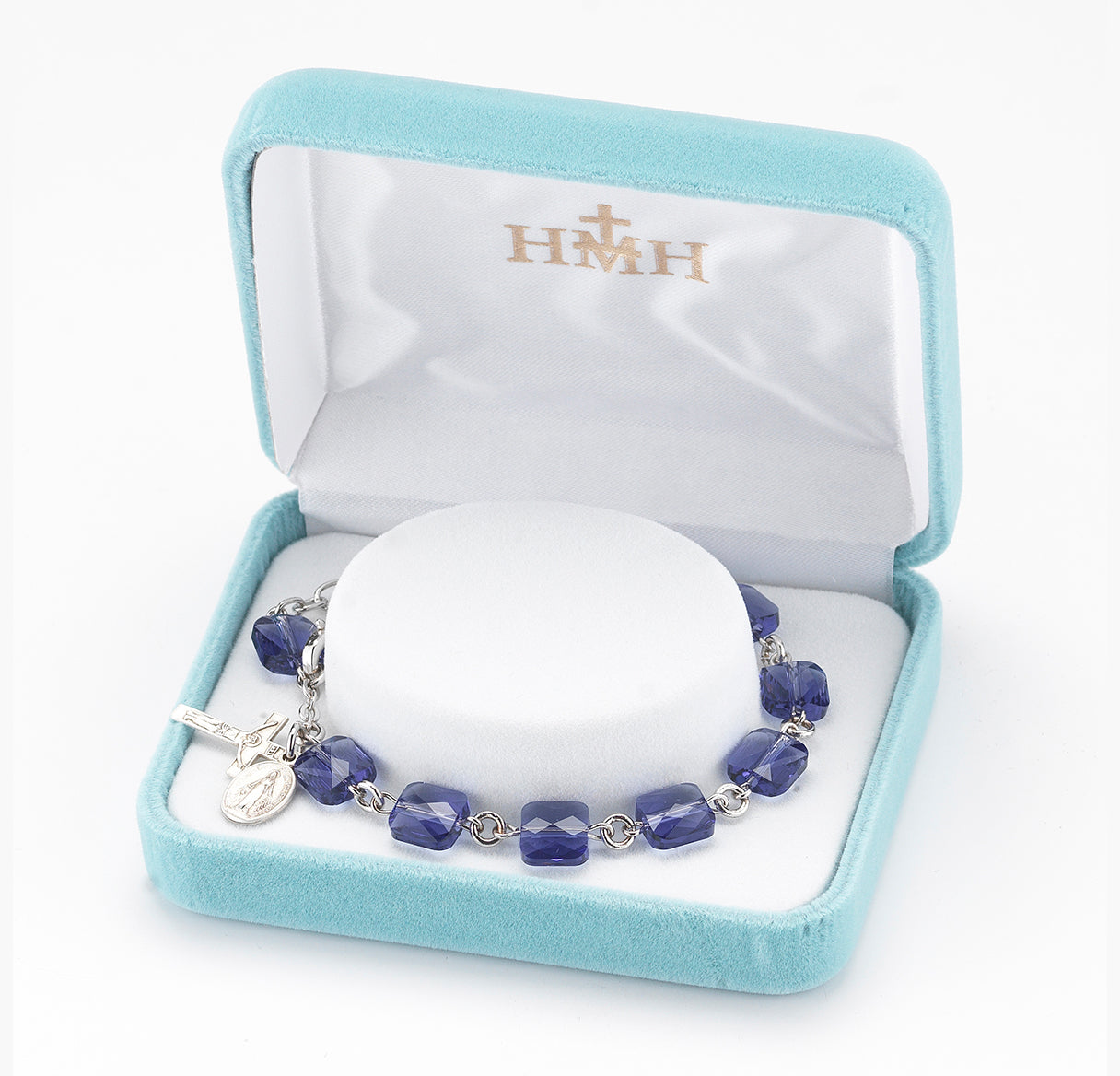 Rosary Bracelet Created with 8mm Tanzanite Finest Austrian Crystal Multi-Facted Square Beads by HMH