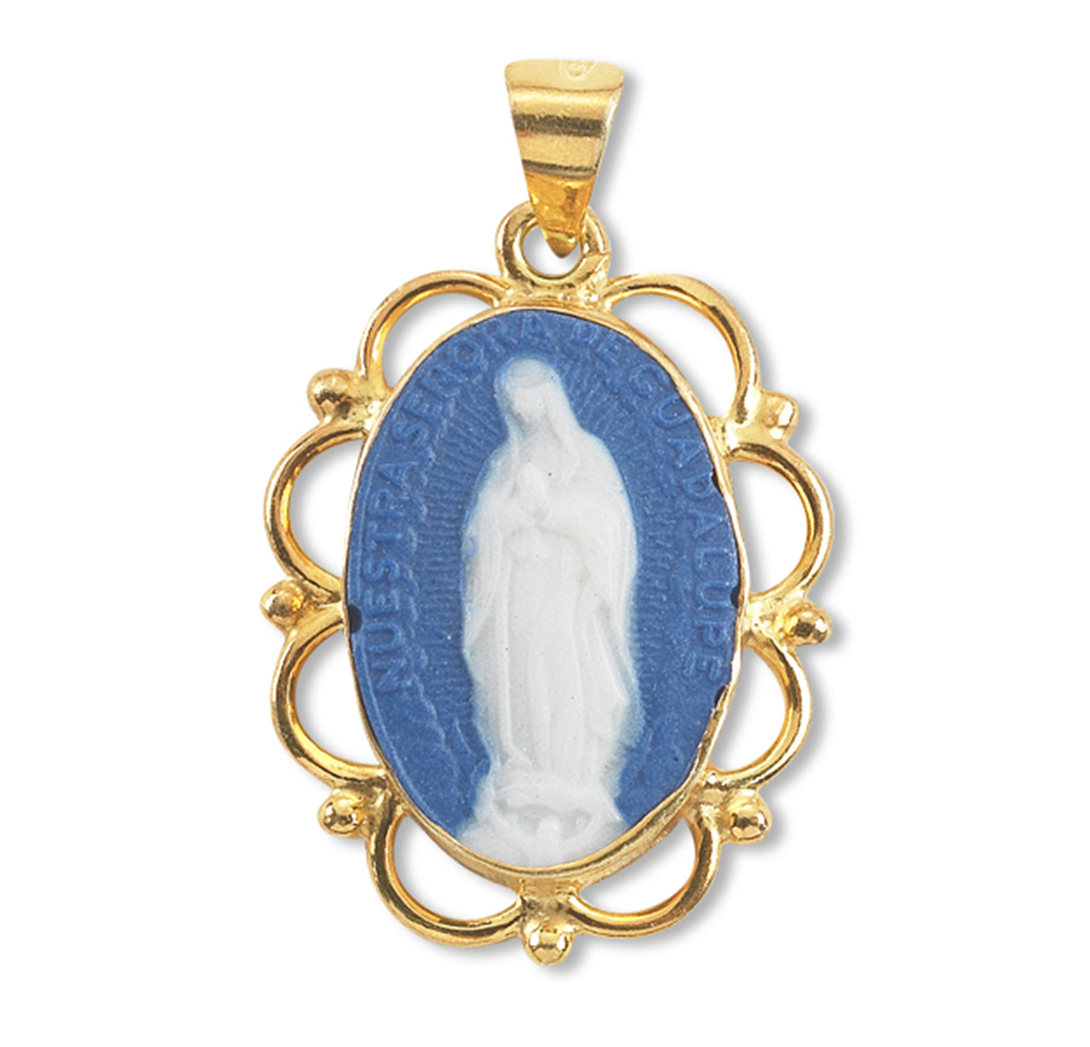 Dark Blue Gold Over Sterling Silver Our Lady of Guadalupe Cameo Medal