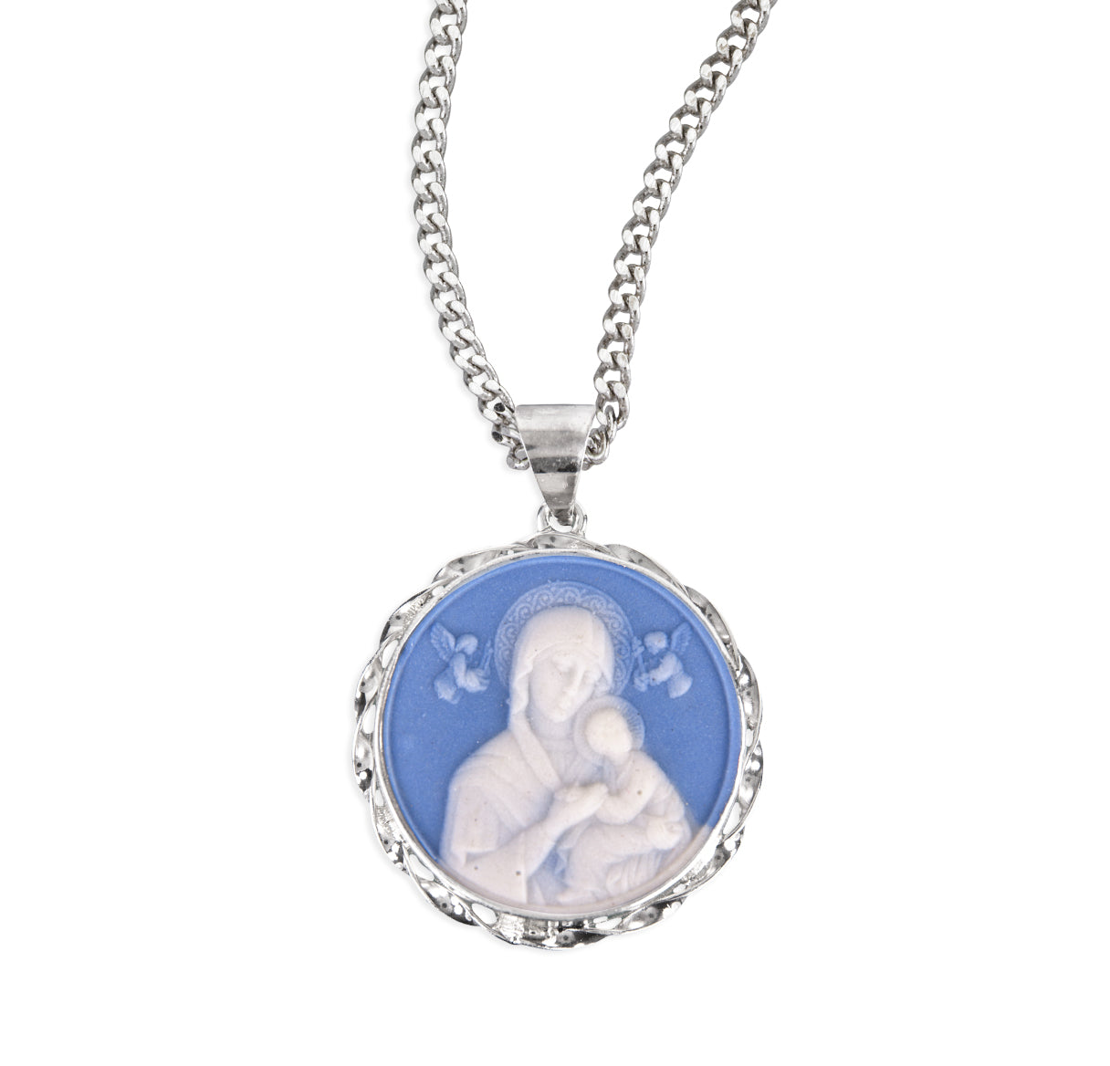 Light Blue Sterling Silver Our Lady of Perpetual Help Cameo Medal