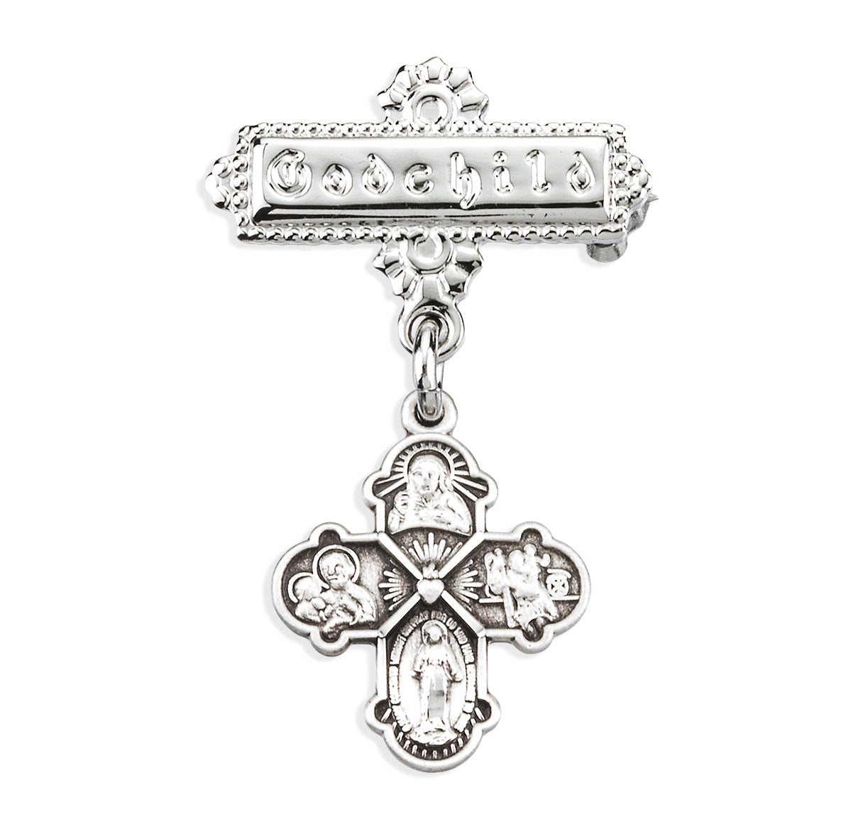 Sterling Silver Small Four Way Medal on a Godchild Pin