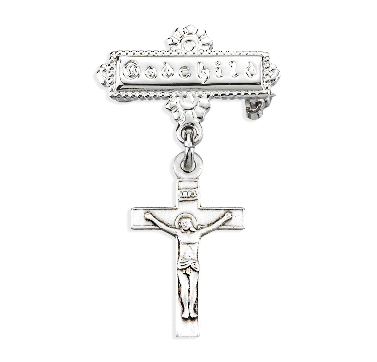 Sterling Silver Baby Crucifix on a Godchild Bar Pin