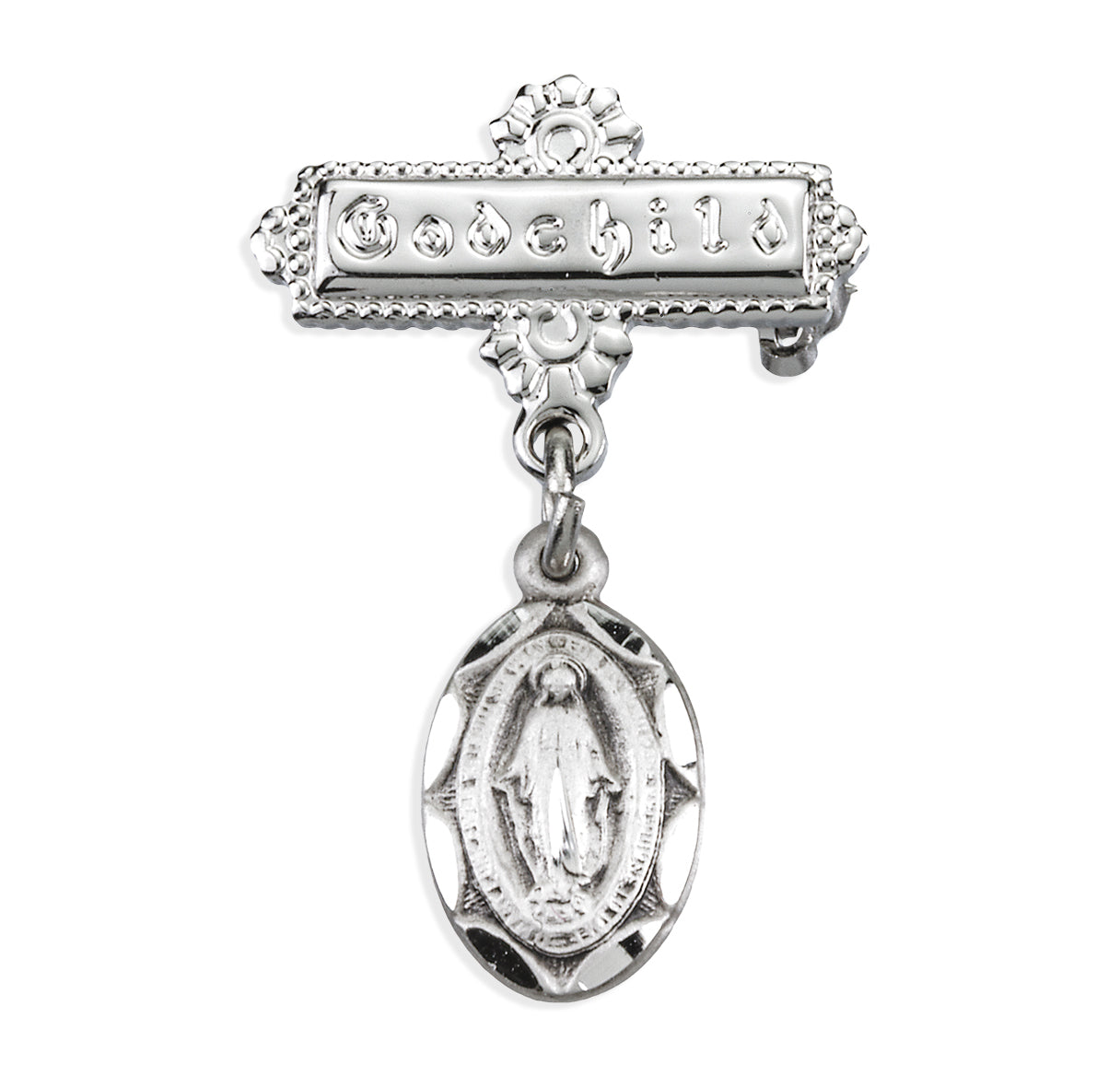 Sterling Silver Plain Miraculous Medal Godchild Bar Pin