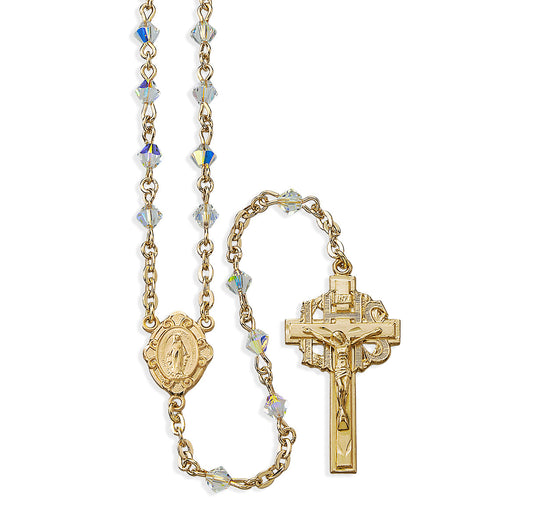 4mm Finest Aurora Crystal Gold Plated B-Cone Beads with Gold Over Sterling Crucifix and Center