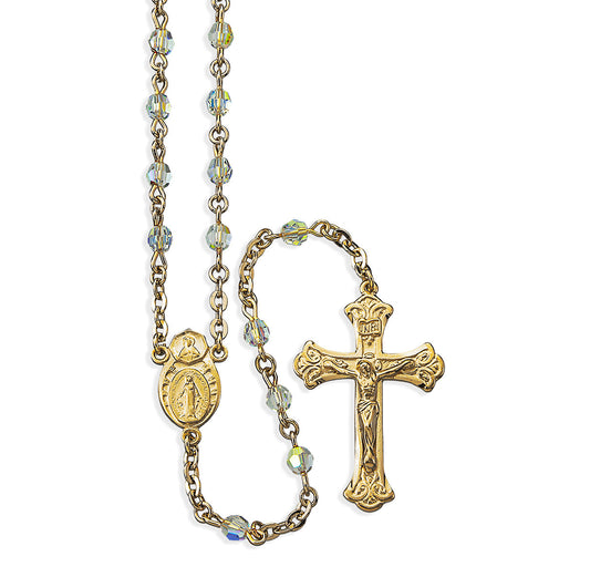 4mm Finest Aurora Crystal Gold Plated Round Beads with Gold Over Sterling Crucifix and Center