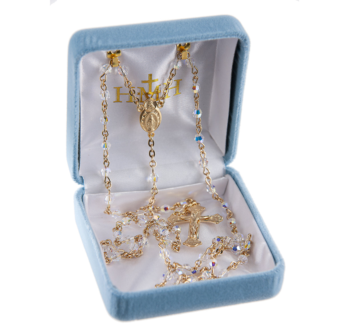 4mm Finest Aurora Crystal Gold Plated Round Beads with Gold Over Sterling Crucifix and Center