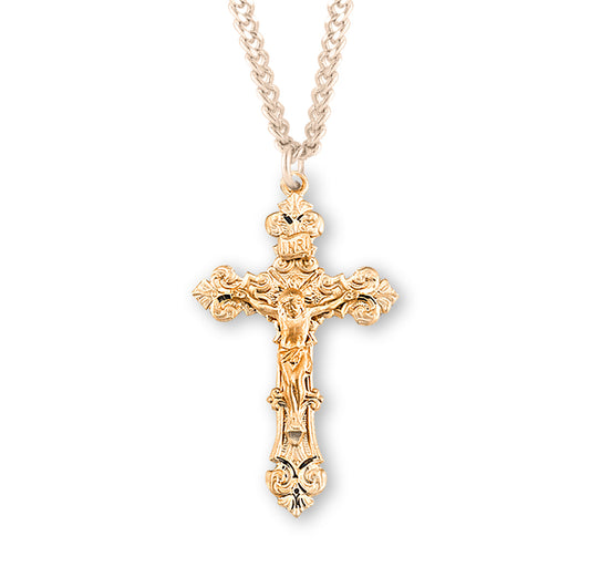 Gold Over Sterling Silver Filigree Scroll Relief Design Crucifix