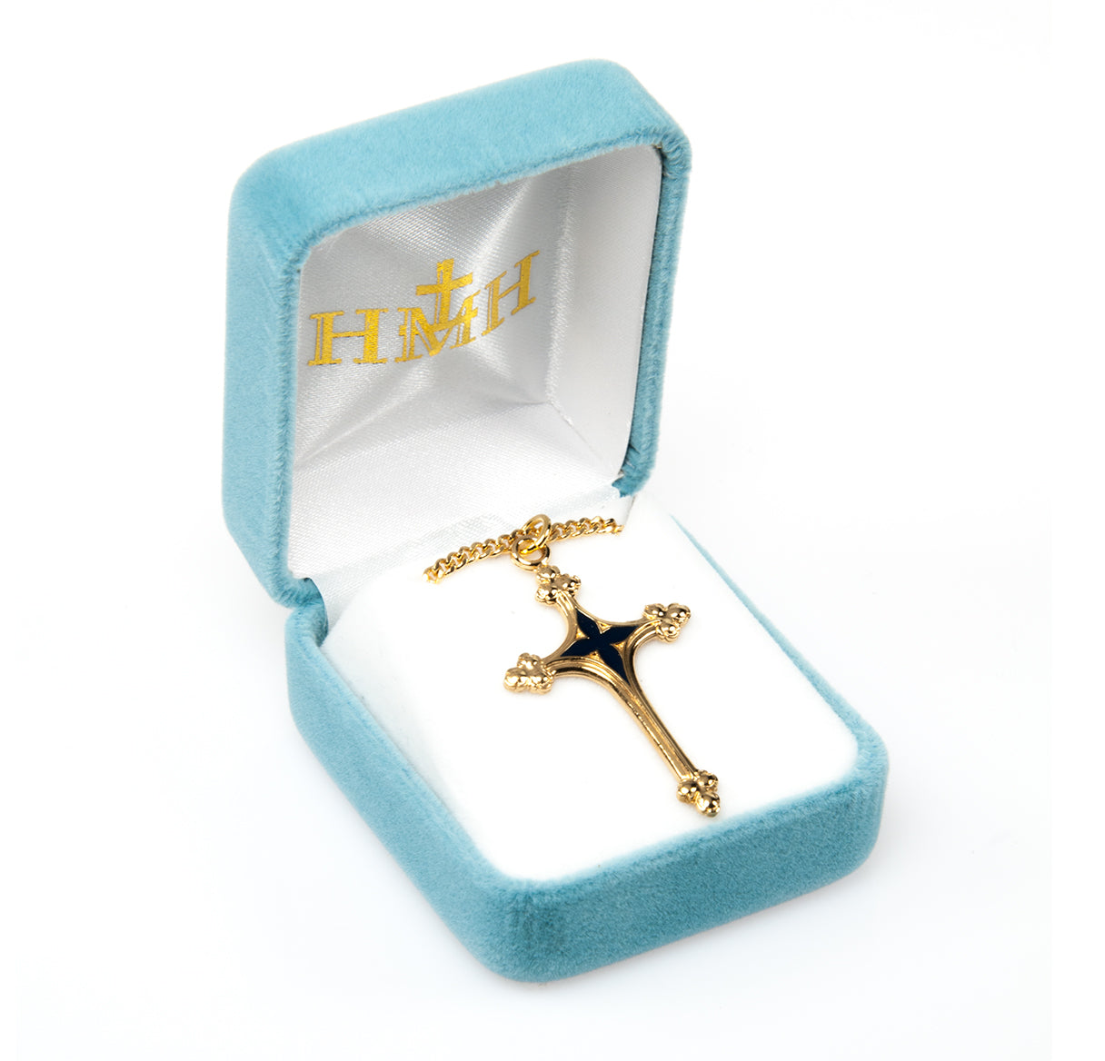 Gold Over Sterling Silver Cross with Blue Enameled Center