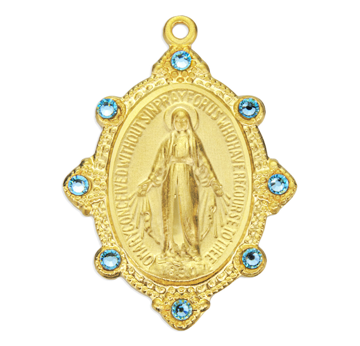 Gold Over Sterling Silver Miraculous Medal Set with Light Sapphire Crystals