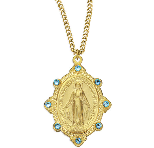 Gold Over Sterling Silver Miraculous Medal Set with Light Sapphire Crystals