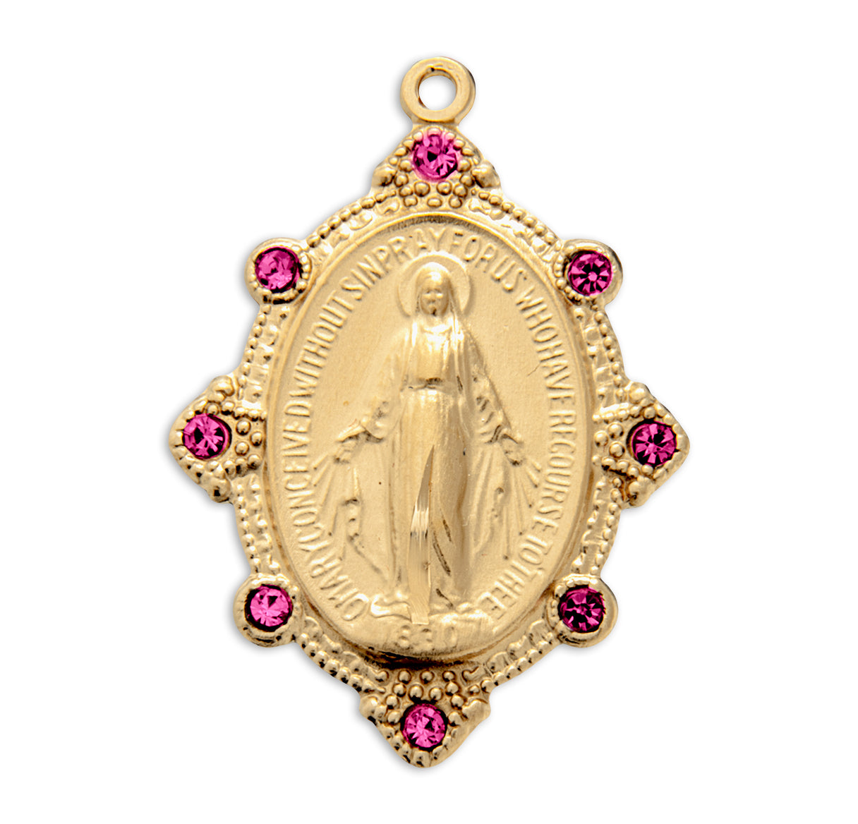 Gold Over Sterling Silver Miraculous Medal Set with Pink Crystals