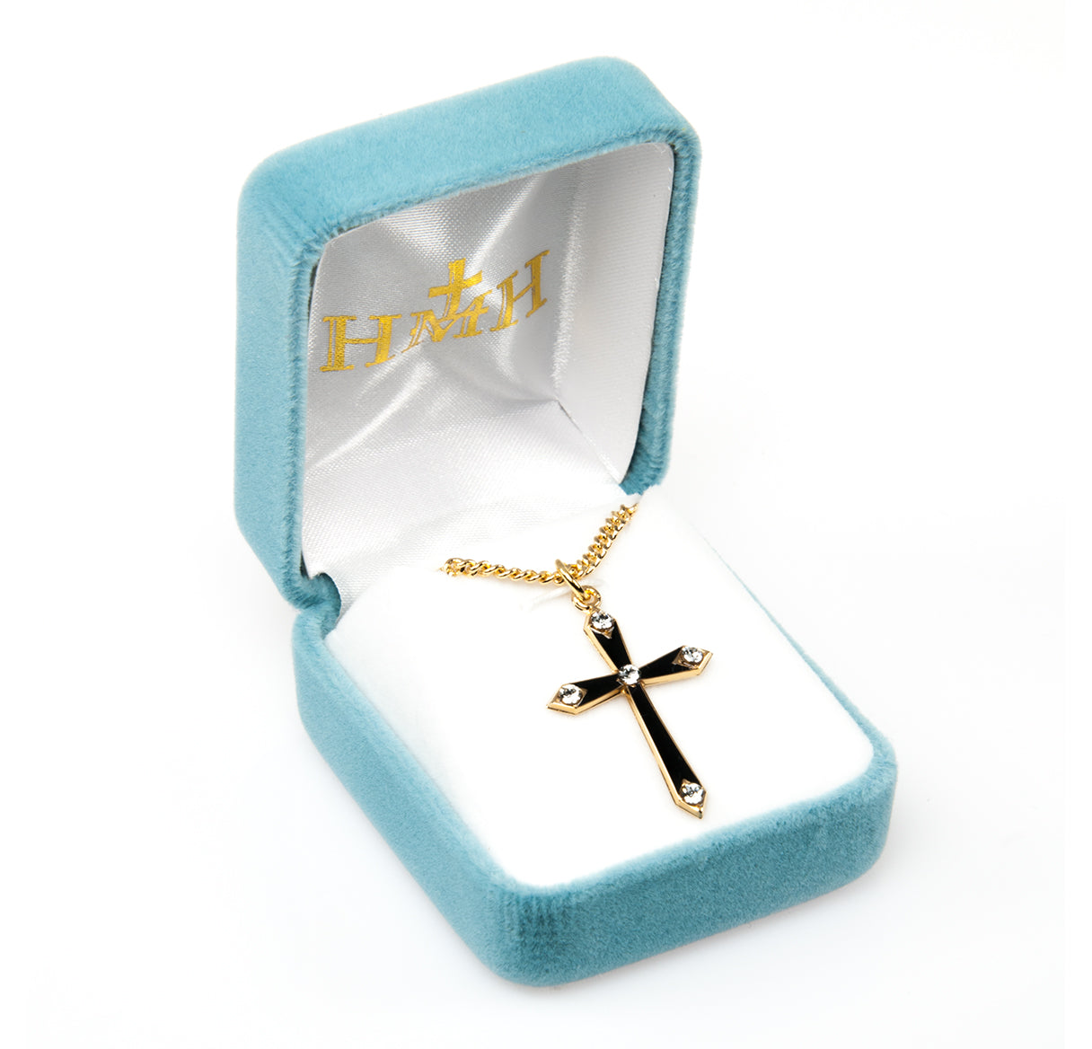 Gold Over Sterling Silver Black Enameled Cross with Five Crystals