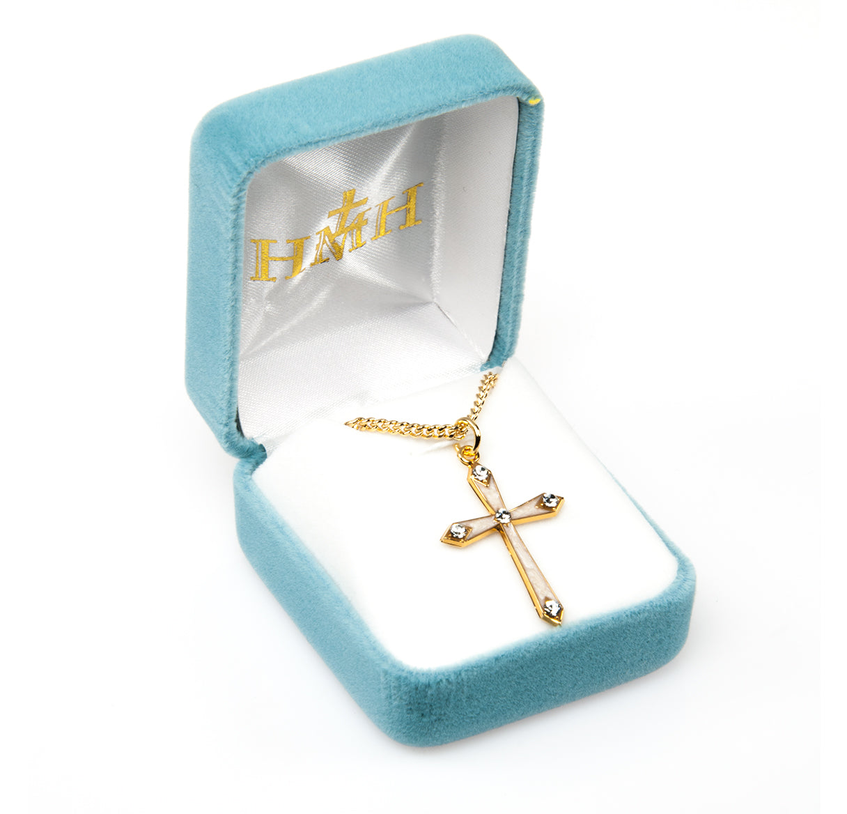 Gold Over Sterling Silver Pearl Enameled Cross with Five Crystals