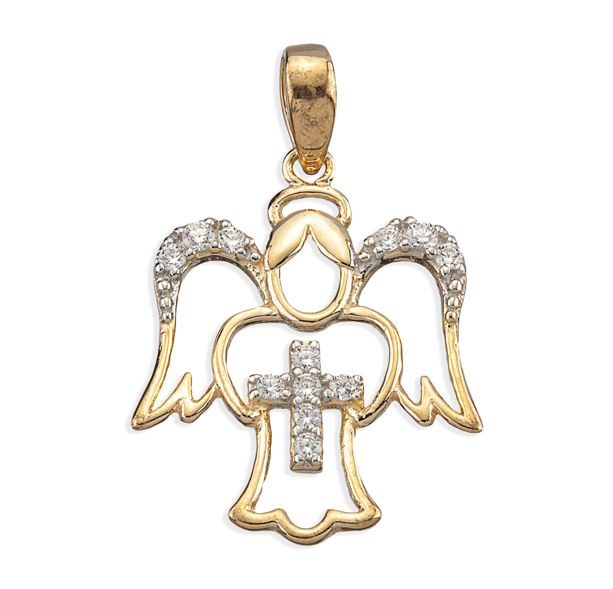 Sterling Silver Guardian Angel Pendant with Cross & CZ Accents