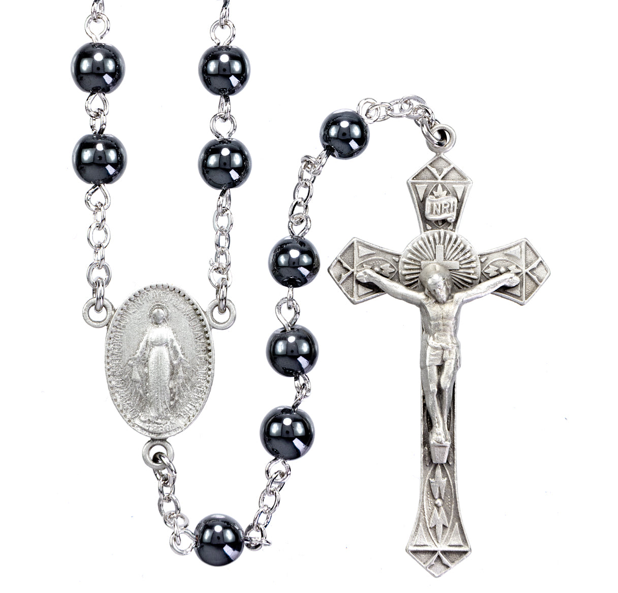 6mm Hematite Bead with New England Pewter Crucifix and Center