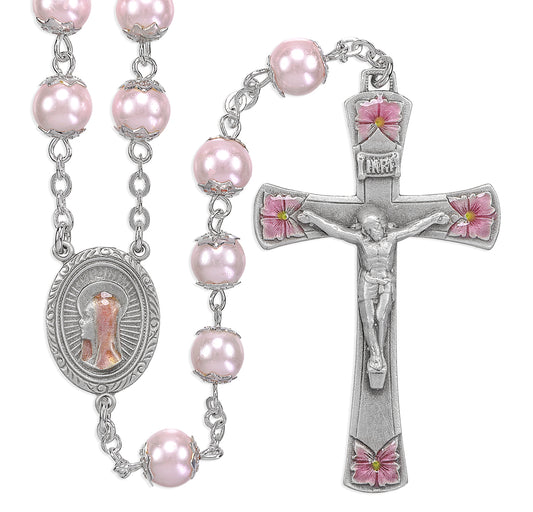 8mm Round Pink Glass Capped Bead with New England Pewter Pink Enameled Center & Crucifix