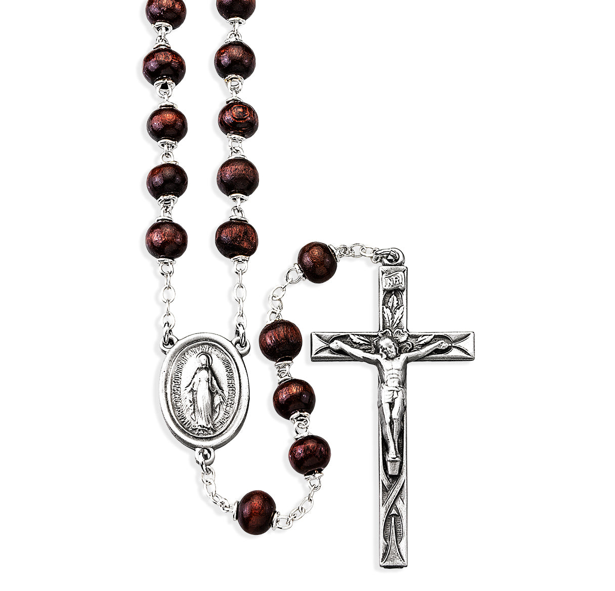 6x9mm Maroon Oval Wood Bead Rosary with Carved O.F. Beads and Pewter Crucifix and Center