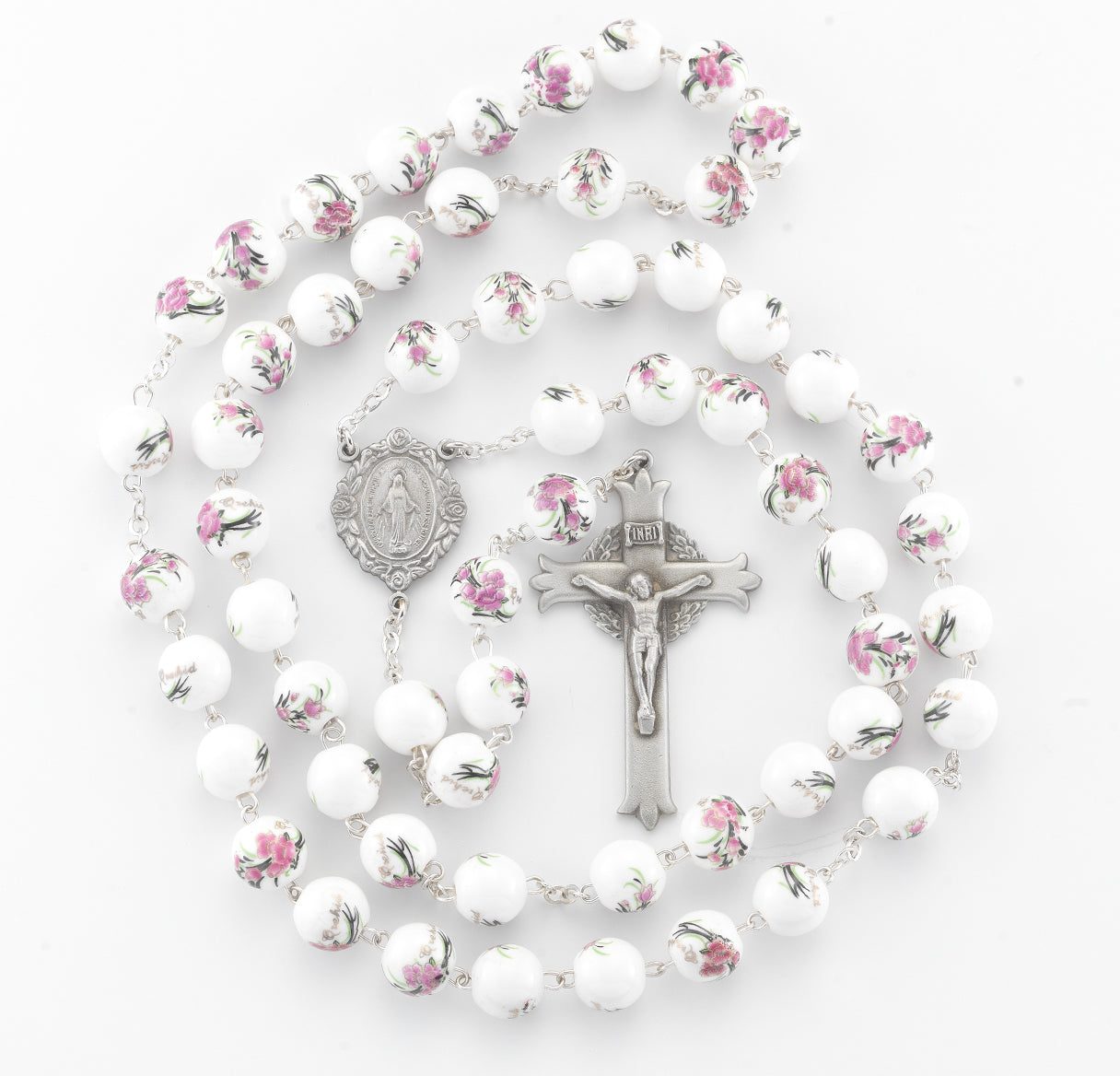 White and Pink Glass Flower Bead New England Pewter Rosary