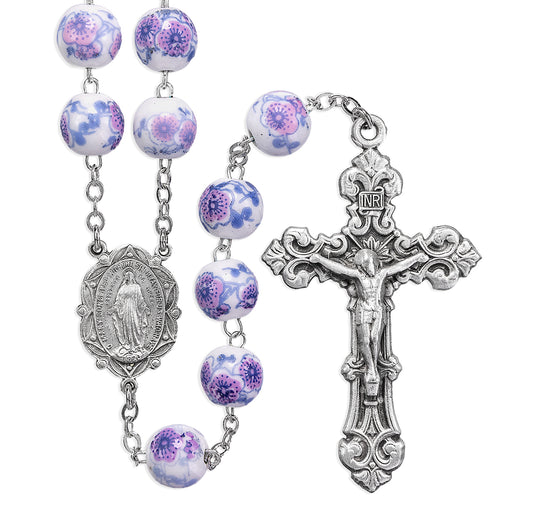 White and Violet Glass Flower Bead New England Pewter Rosary