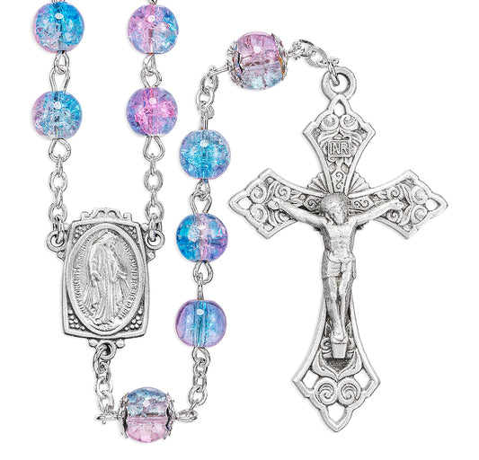 Aqua and Pink Crackle Glass Bead New England Pewter Rosary