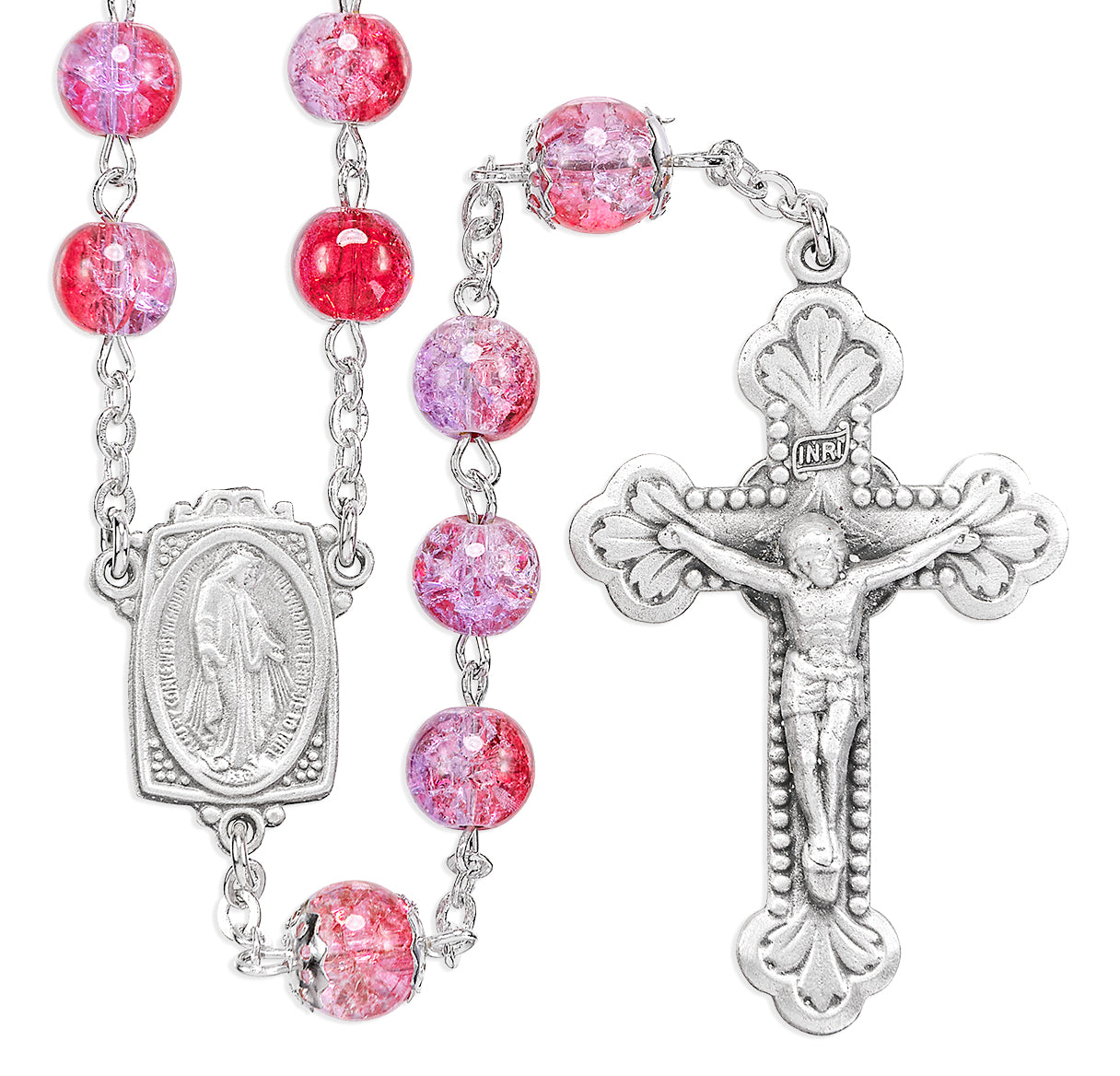 6mm Ruby Amethyst Crackle Glass Bead with New England Pewter Crucifix and Center