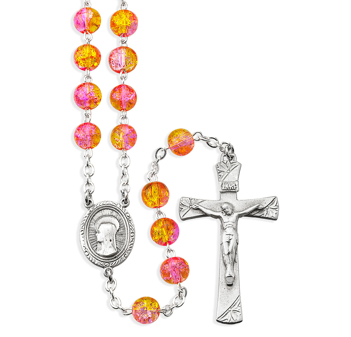 8mm Yellow Crackle Bead Rosary with Pewter Crucifix and Center