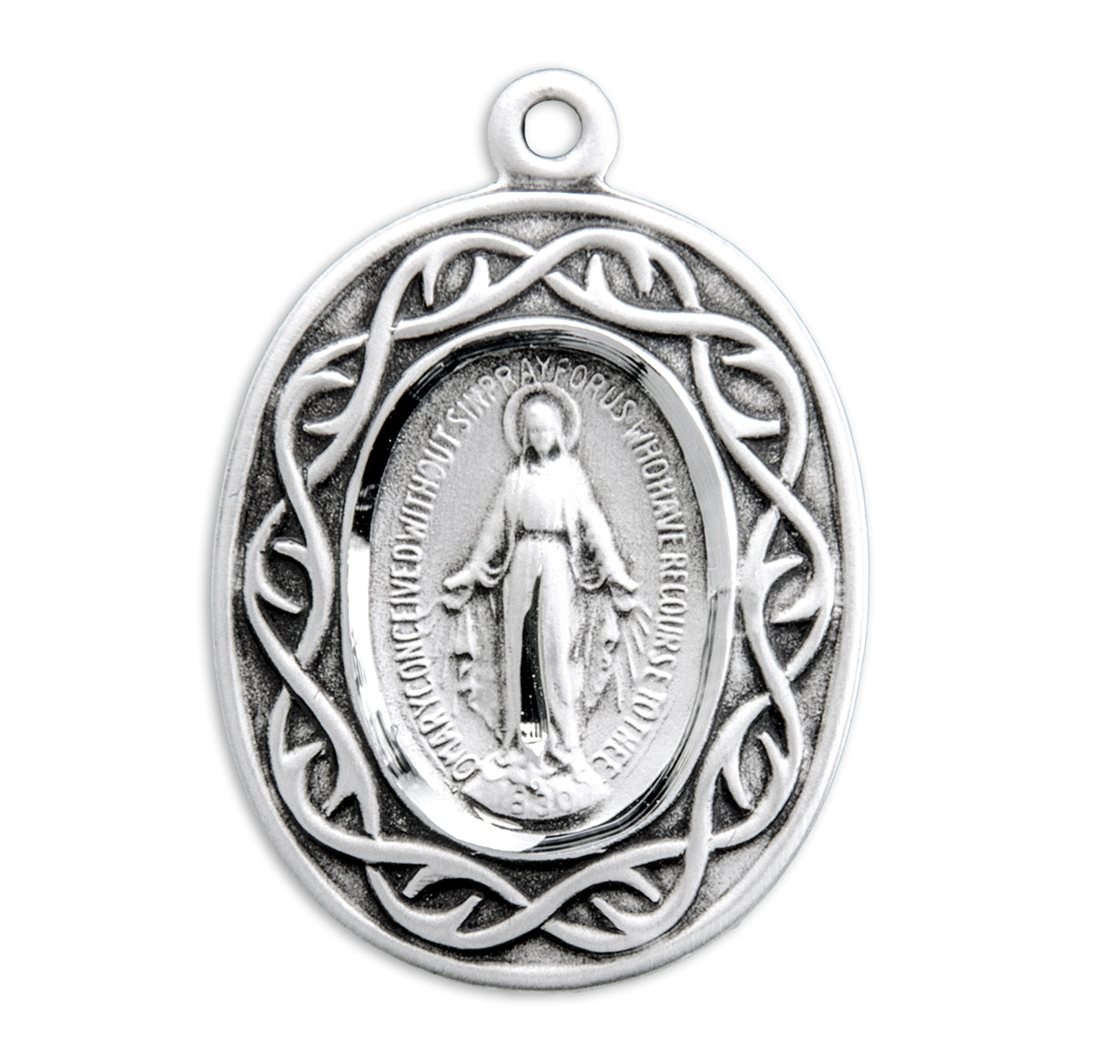 Miraculous Medal Oval Sterling Silver "Crown of Thorns" Medal