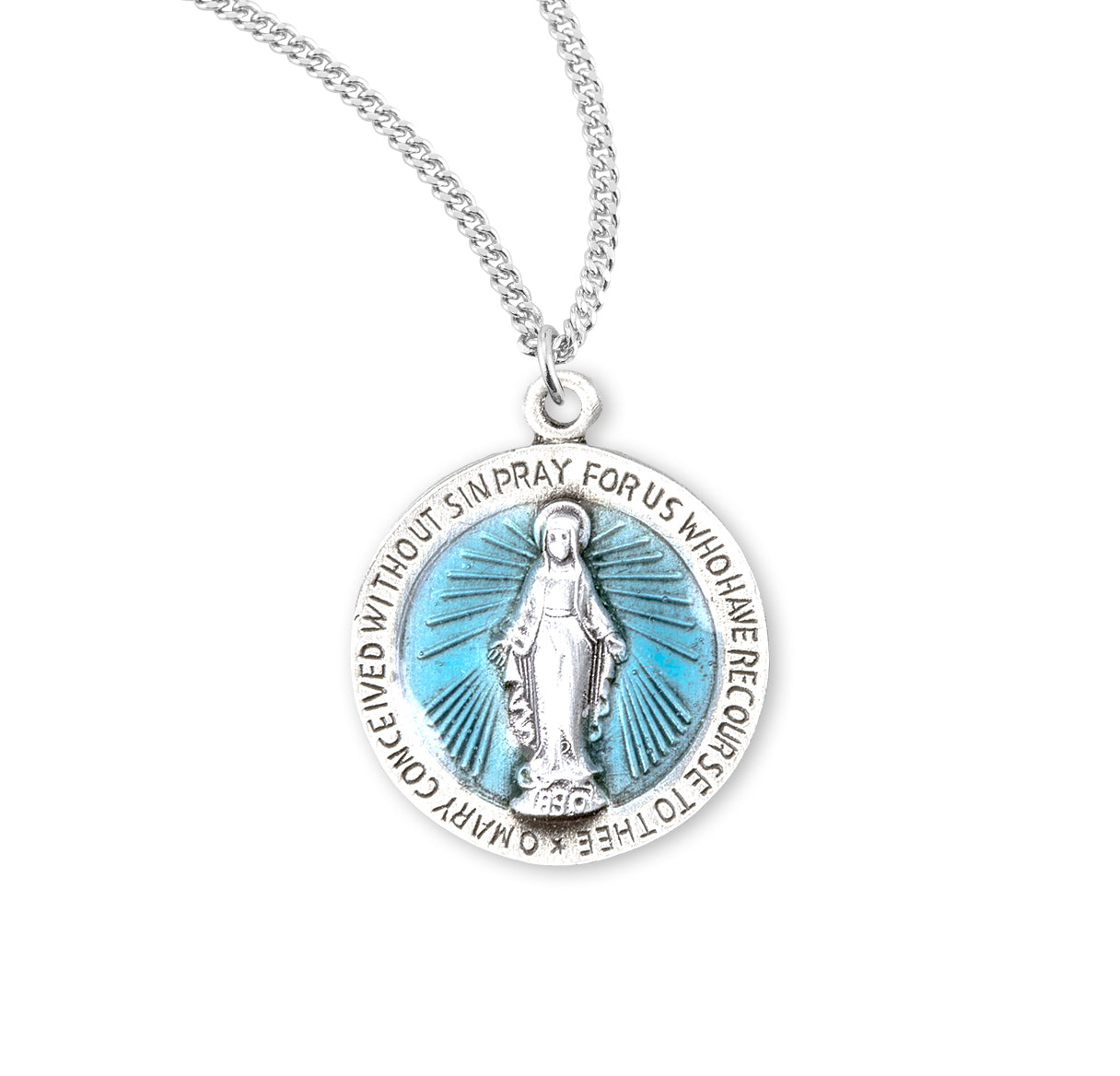 Sterling Silver Round Blue Miraculous Medal
