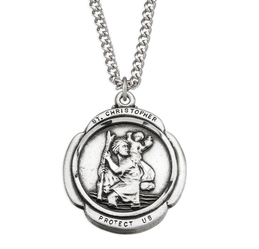 Saint Christopher Rounded Cross Sterling Silver Medal