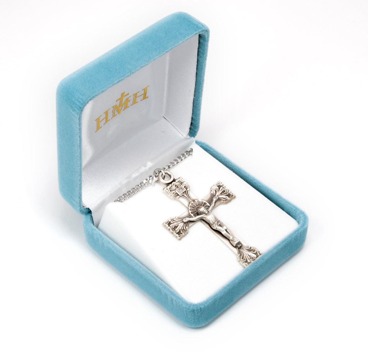 Extended Leaf Etched Sterling Silver Crucifix