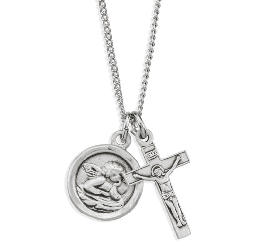 Sterling Silver Cherub Medal and Small Crucifix