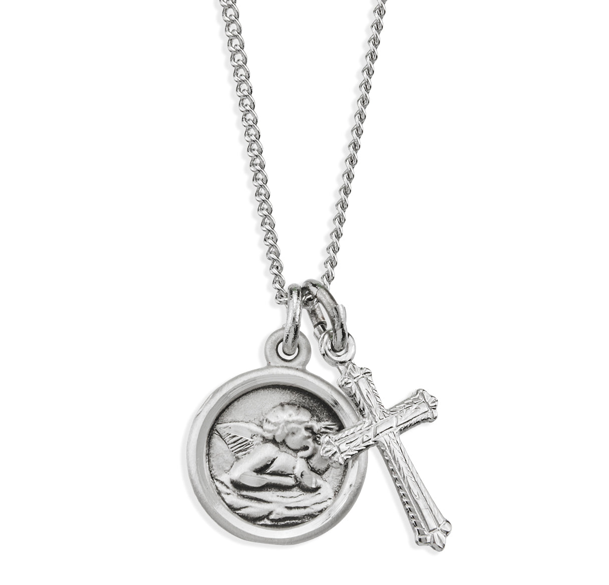 Sterling Silver Cherub Medal and Small Cross