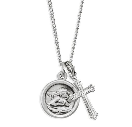 Sterling Silver Cherub Medal and Small Cross