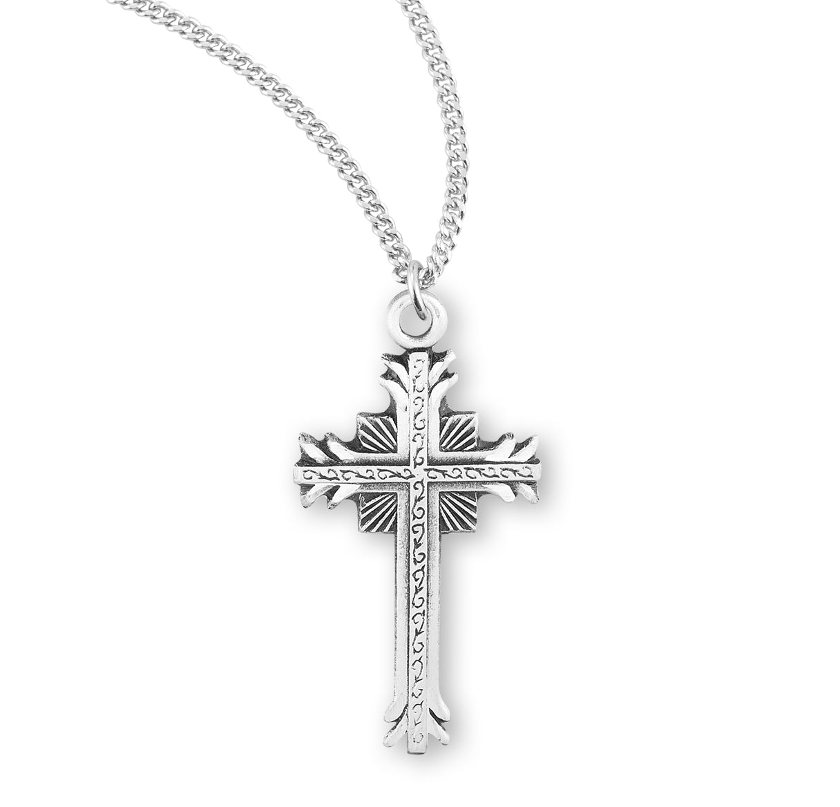 Sterling Silver Flare Tipped Cross with a Scrolled Center