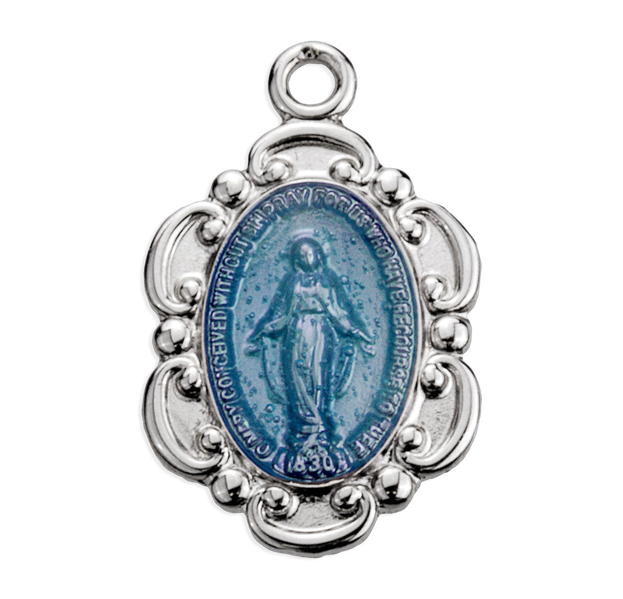 Sterling Silver Blue Enameled Oval Fancy Edge Miraculous Medal