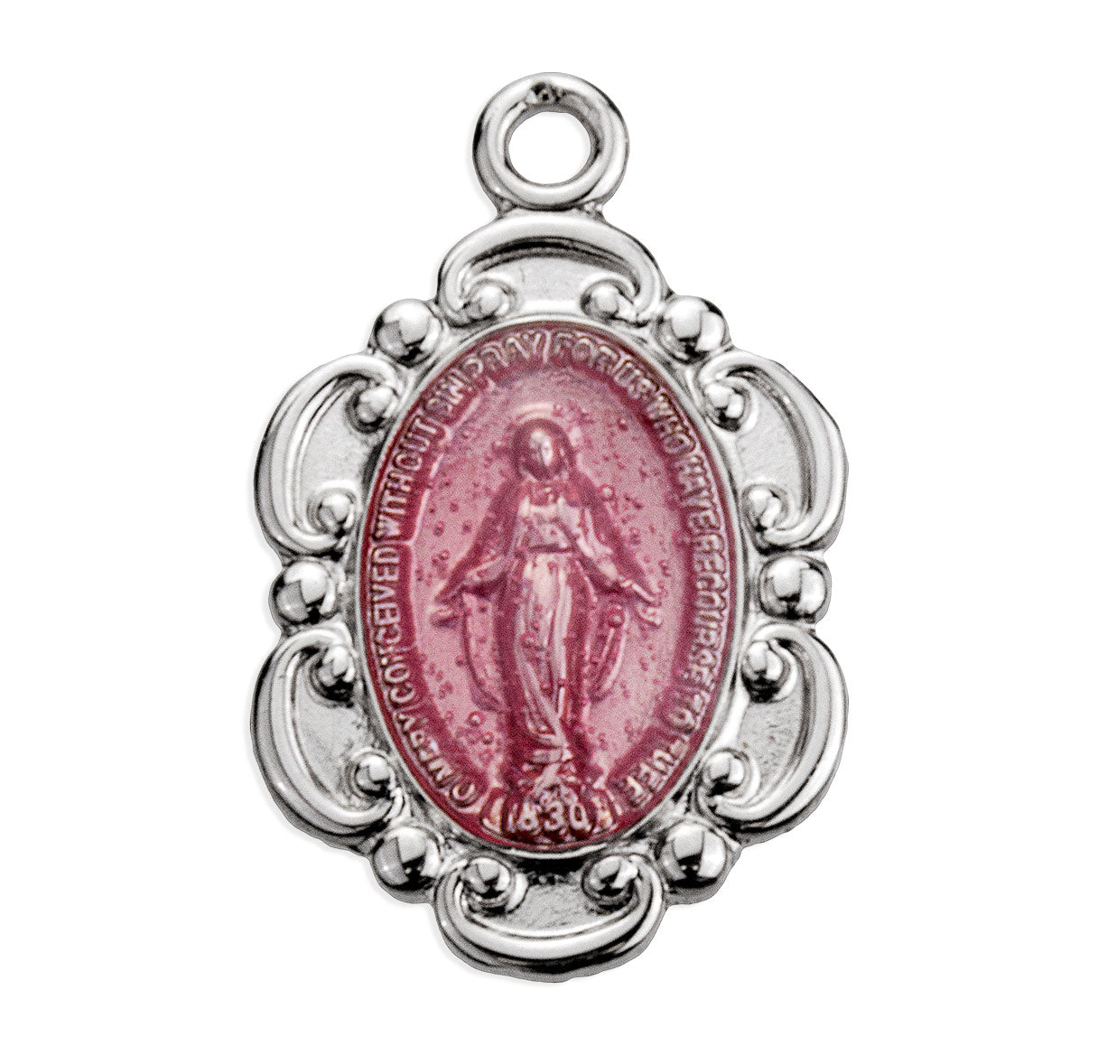 Sterling Silver Pink Enameled Oval Fancy Edge Miraculous Medal